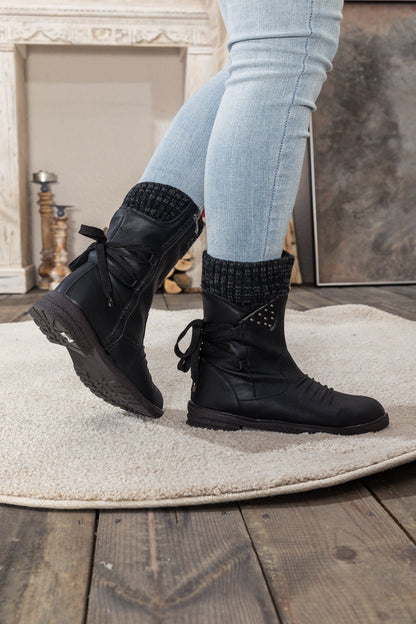 En Bloom | Black Ruched Back Tie-accent Flat Comfy Combat Boots