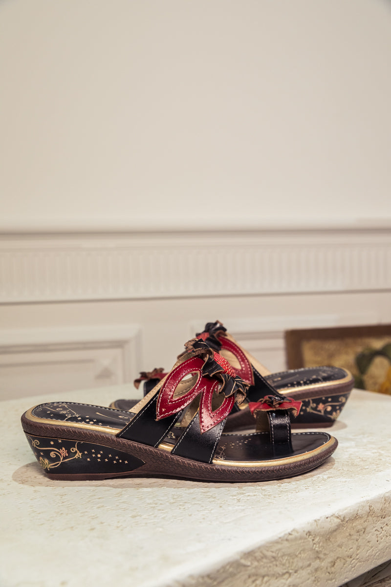 Soffia | Genuine Leather Ring Toe Appliqued Flat Flip Flop Sandals - Black