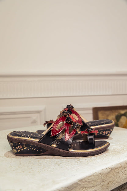 Soffia | Genuine Leather Ring Toe Appliqued Flat Flip Flop Sandals - Black