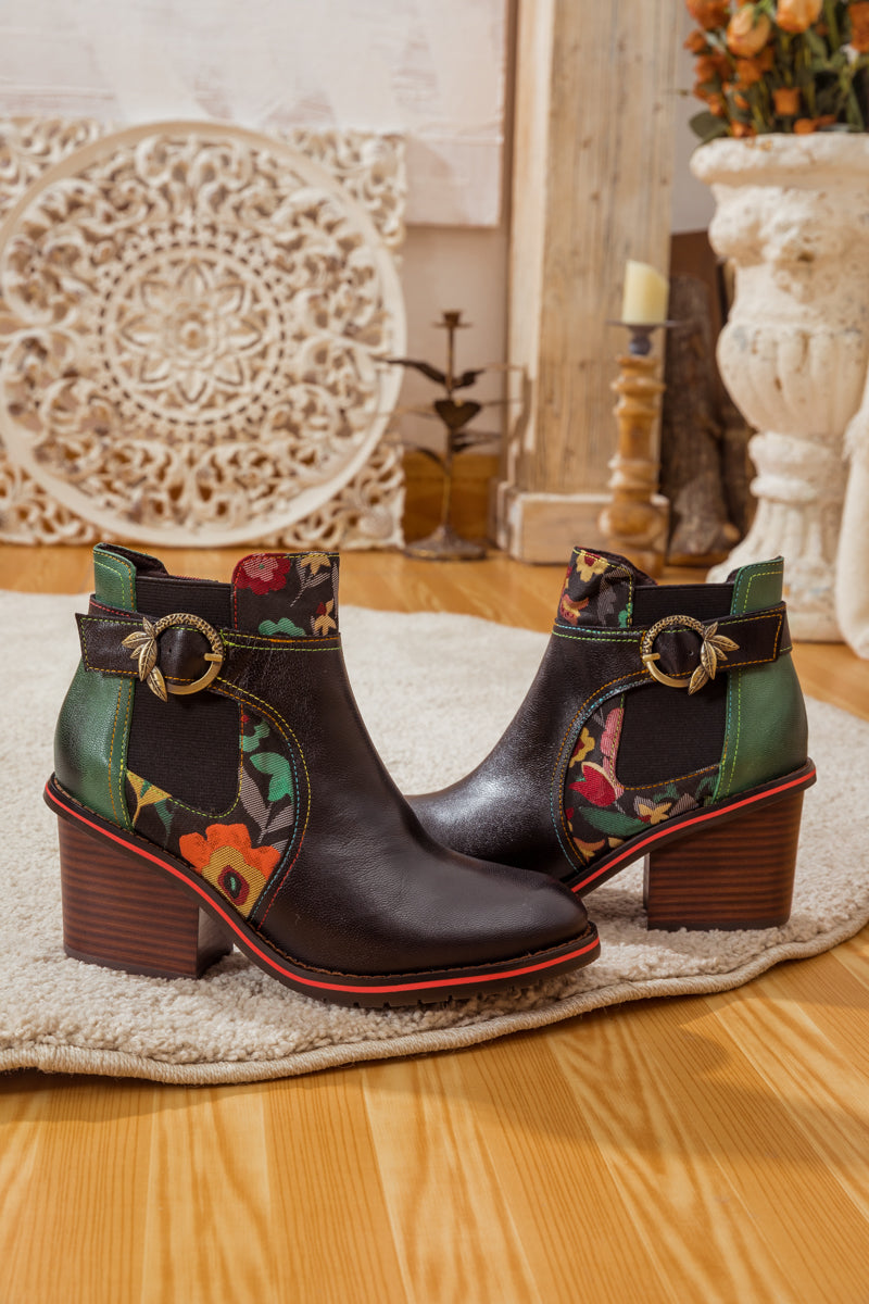 Soffia | Pattern Block Heel Leather Ankle Boot