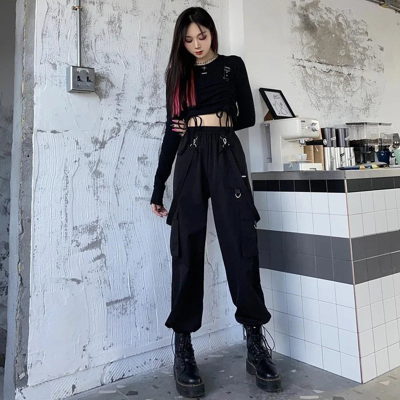 Black Cargo Pants Gothic High Waist Techwear Pants