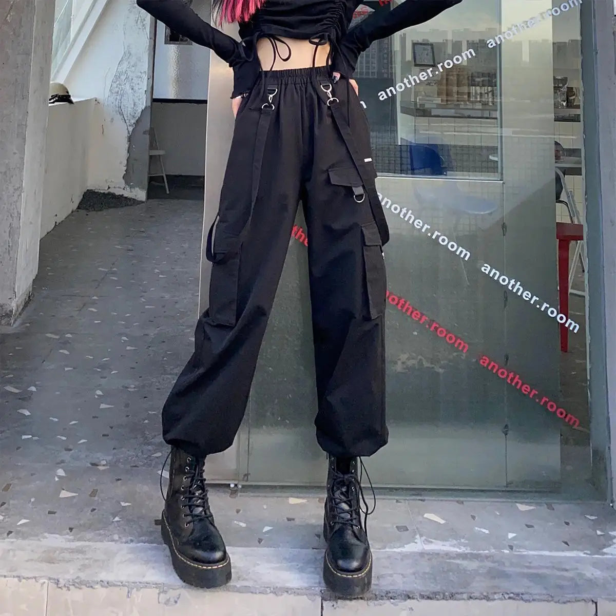 Black Cargo Pants Gothic High Waist Techwear Pants