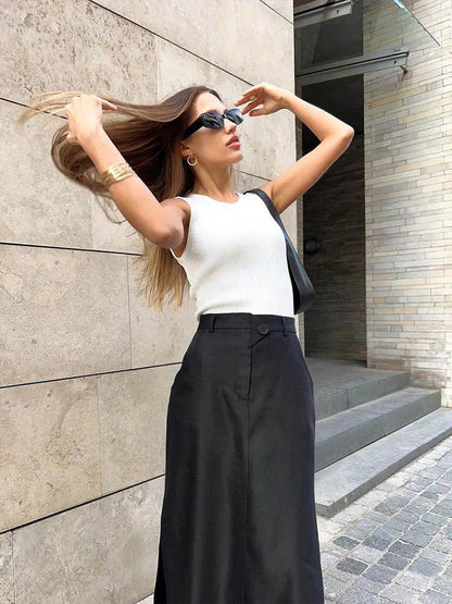 Black Loose A-line Summer Ankle-length Pocket Skirt