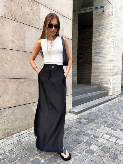 Black Loose Long Skirts A-line Zip Skirts Summer Skirts Female With Pocket Ankle-length Skirts