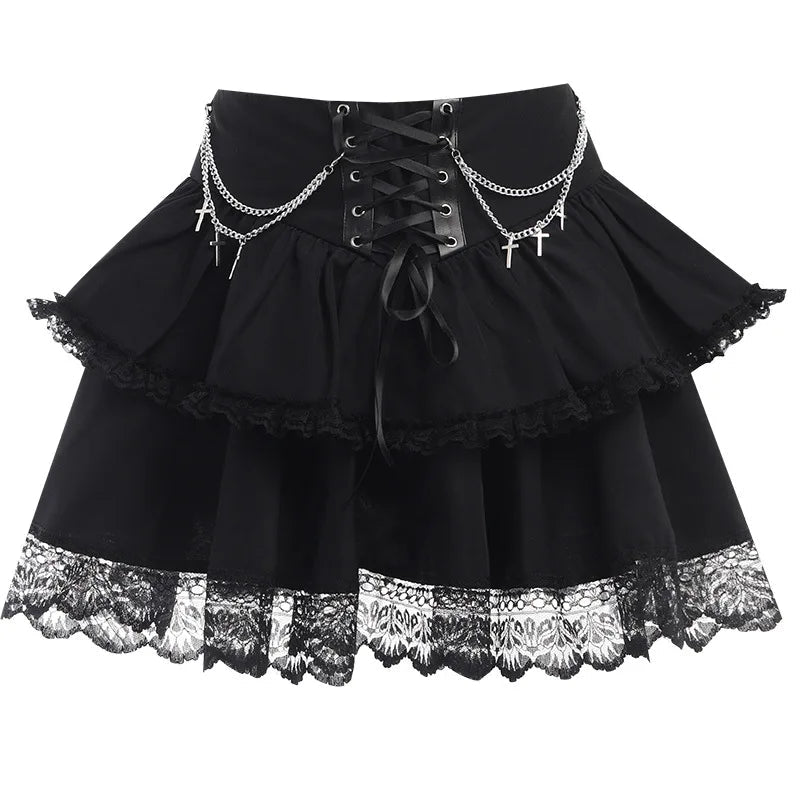 Black Mini Gothic Drawstring Folds High Waist Irregular Ruffle Patchwork Fairycore Skirt