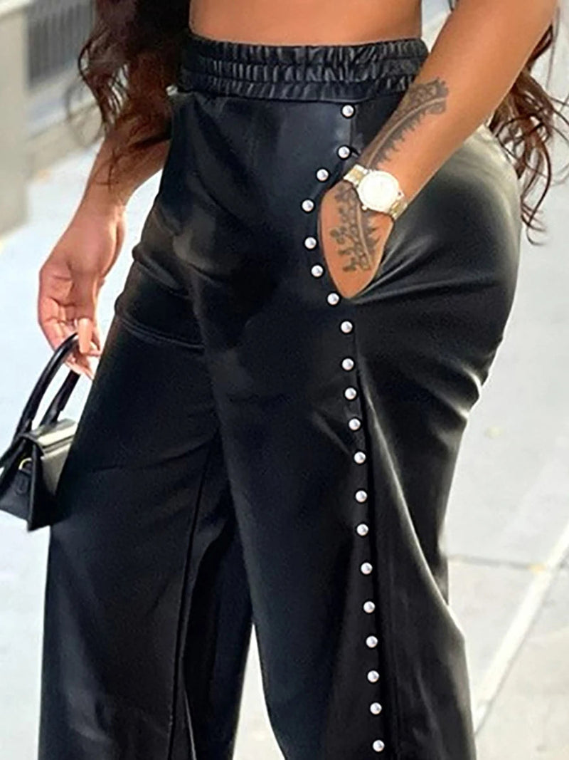 Black Pu Leather Pocket Metal Loose Slit Wide Leg Street Trend Pants