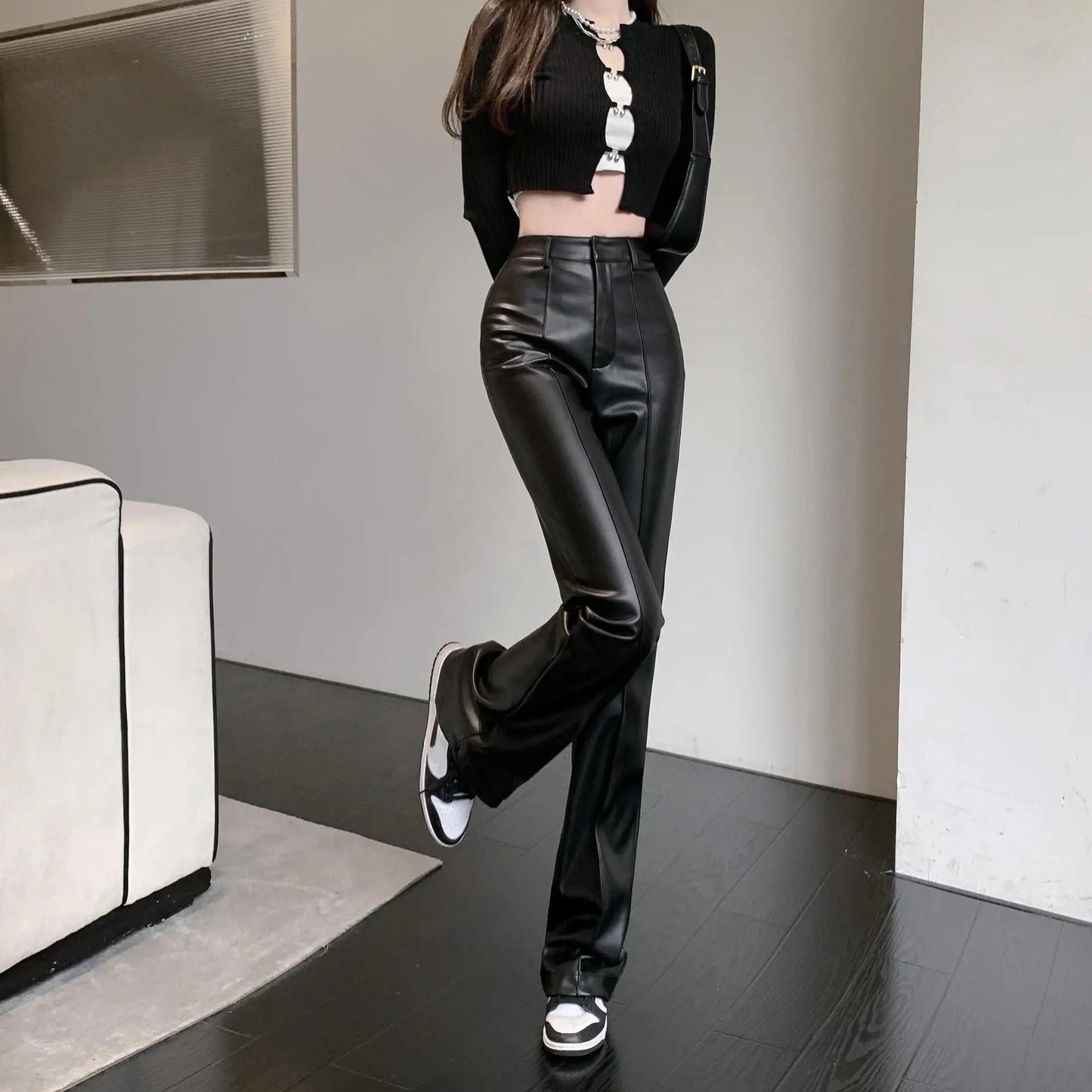 Black High Waist Wide Leg Slim Straight Loose Leather Autumn Urban Pants