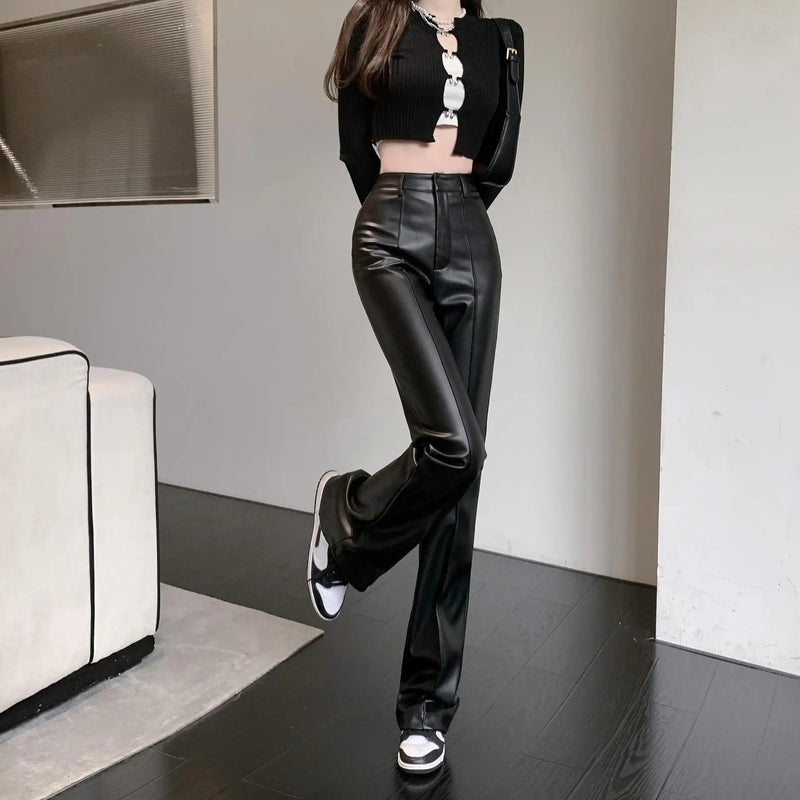 Black High Waist Wide Leg Slim Straight Loose Leather Autumn Urban Pants