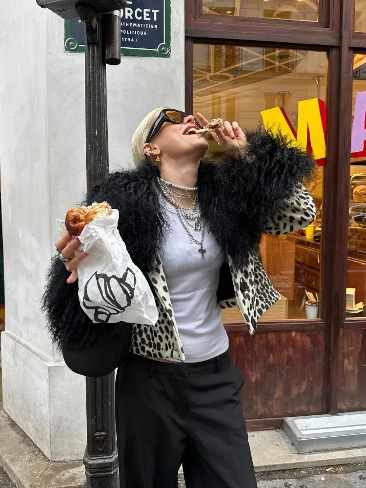 Black White Leopard Faux Long Single Breasted High Street Short Coat