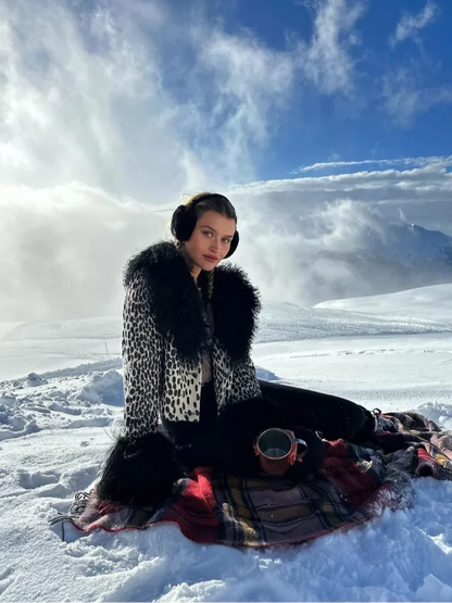 Black White Leopard Faux Long Single Breasted High Street Short Coat