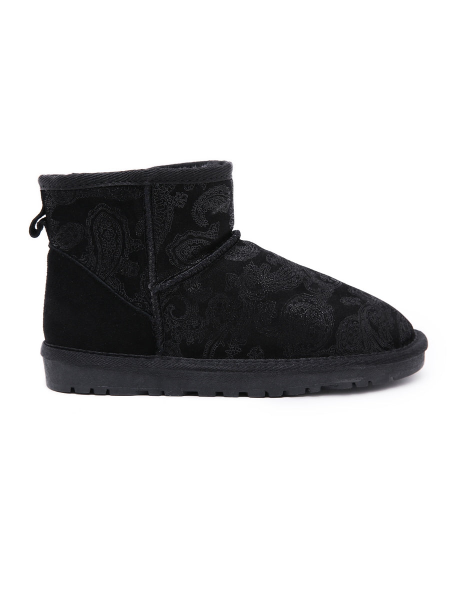 Embroidered Faux Fur-lined Leather Suede Boot