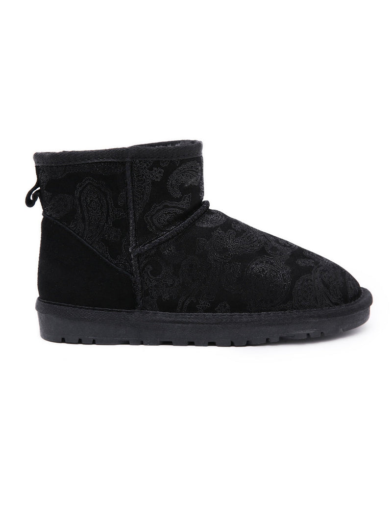 Embroidered Faux Fur-lined Leather Suede Boot