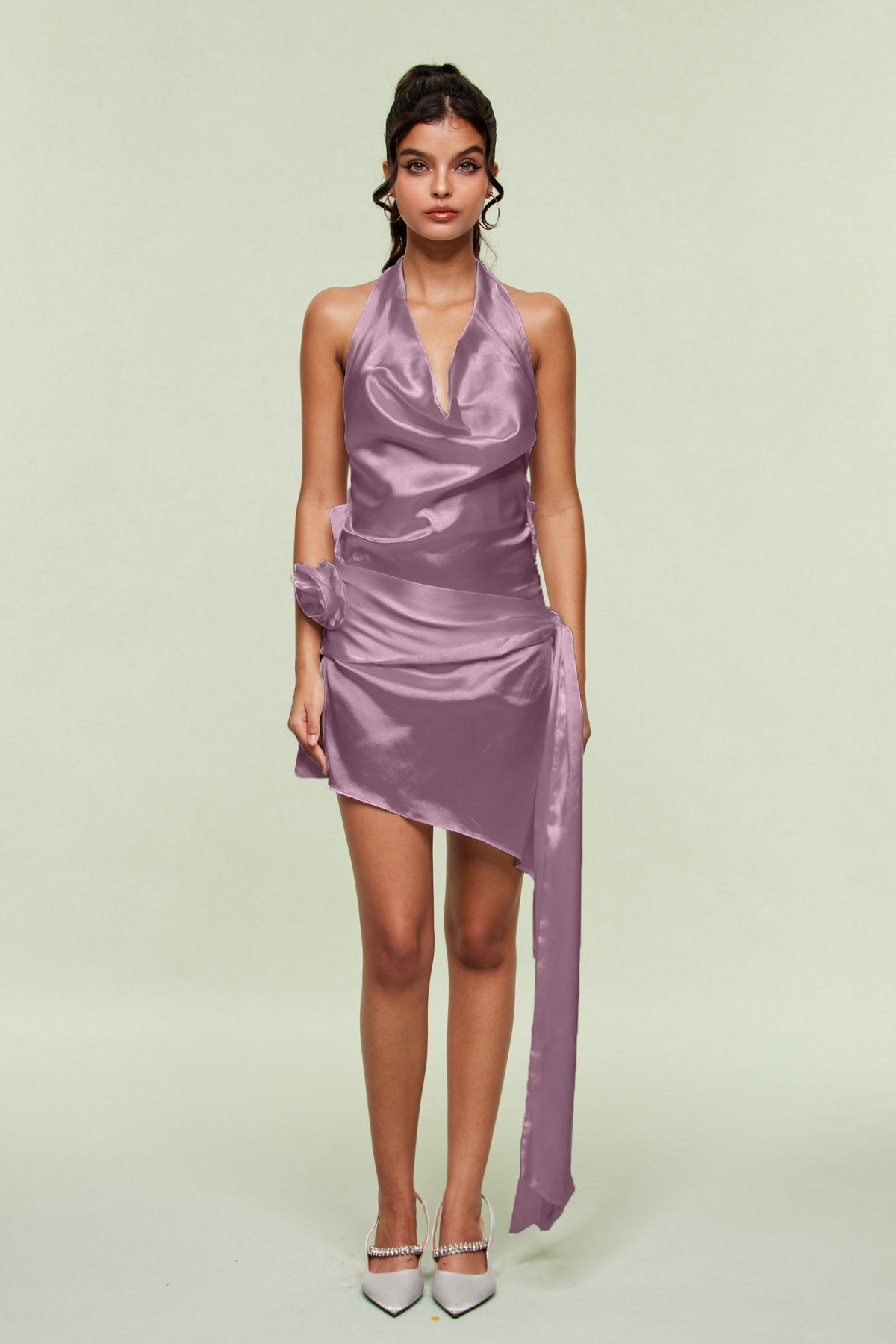 Blagoy Satin Flower Fringe Mini Dress in Purple