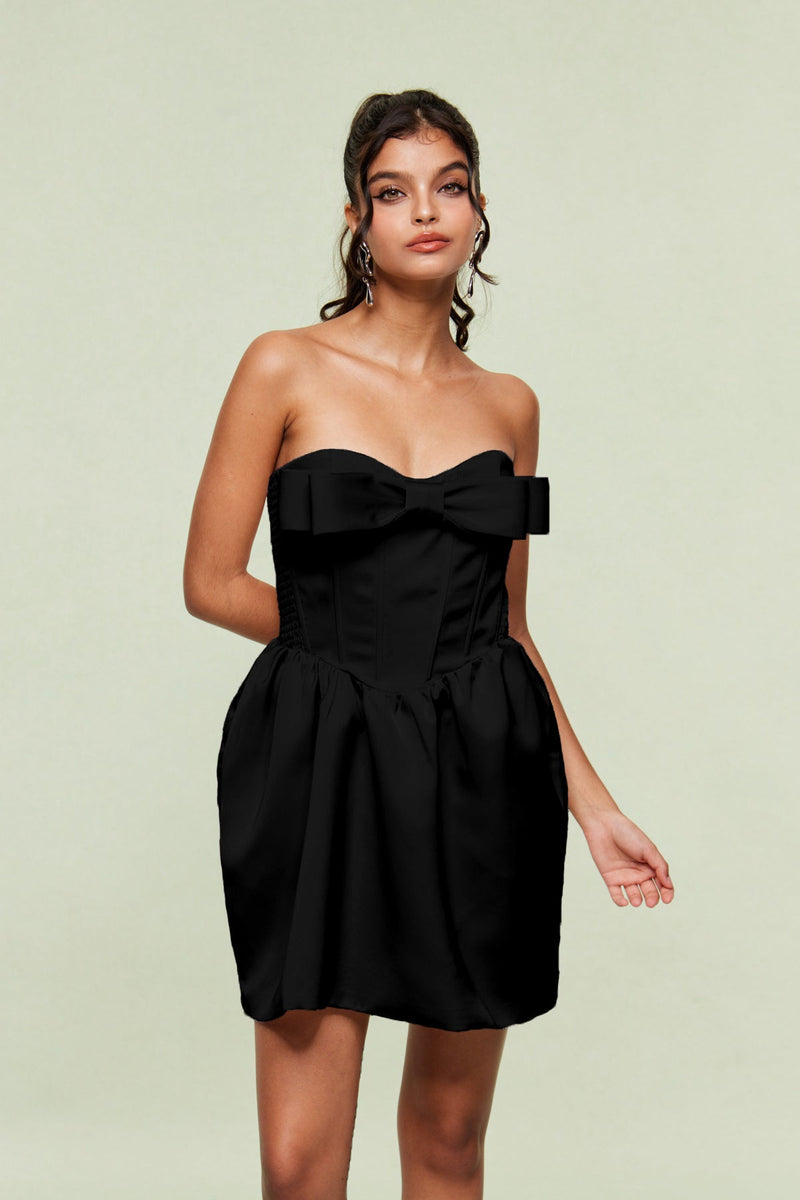 Blair Strapless Bow Corset Mini Dress in Black