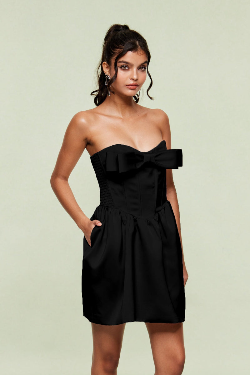 Blair Strapless Bow Corset Mini Dress in Black