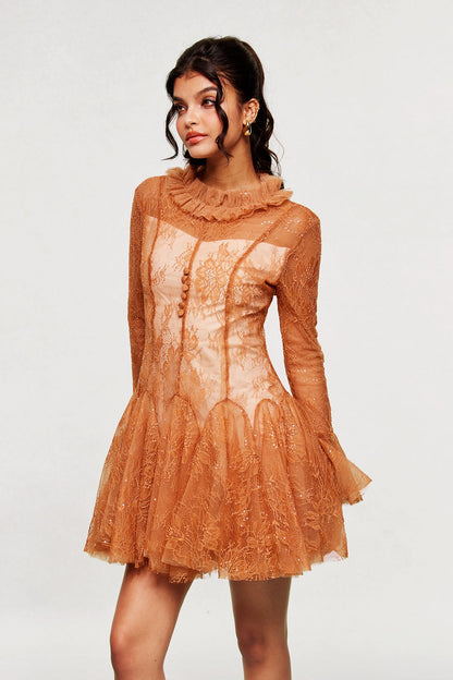 Blanid Lace Embroidered Ruffle Mini Dress in Brown