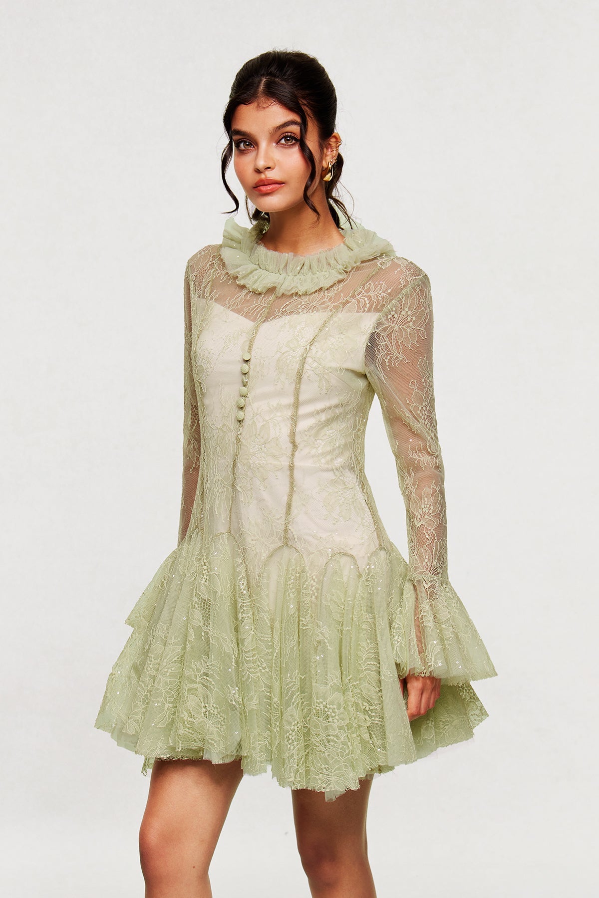 Blanid Lace Embroidered Ruffle Mini Dress in Green