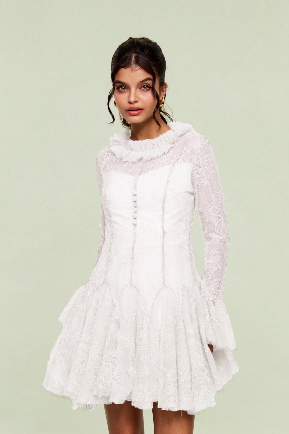 Blanid Lace Embroidered Ruffle Mini Dress in White