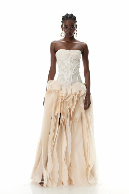 Blerta Strapless Corset Mesh Maxi Dress