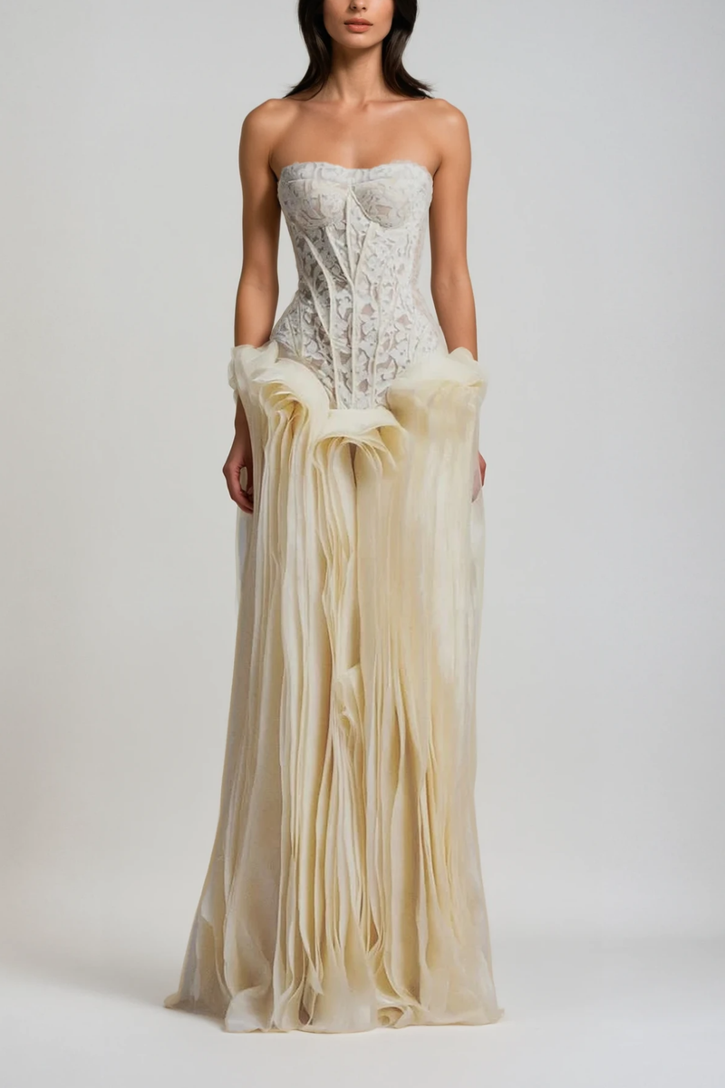 Blerta Strapless Corset Mesh Maxi Dress