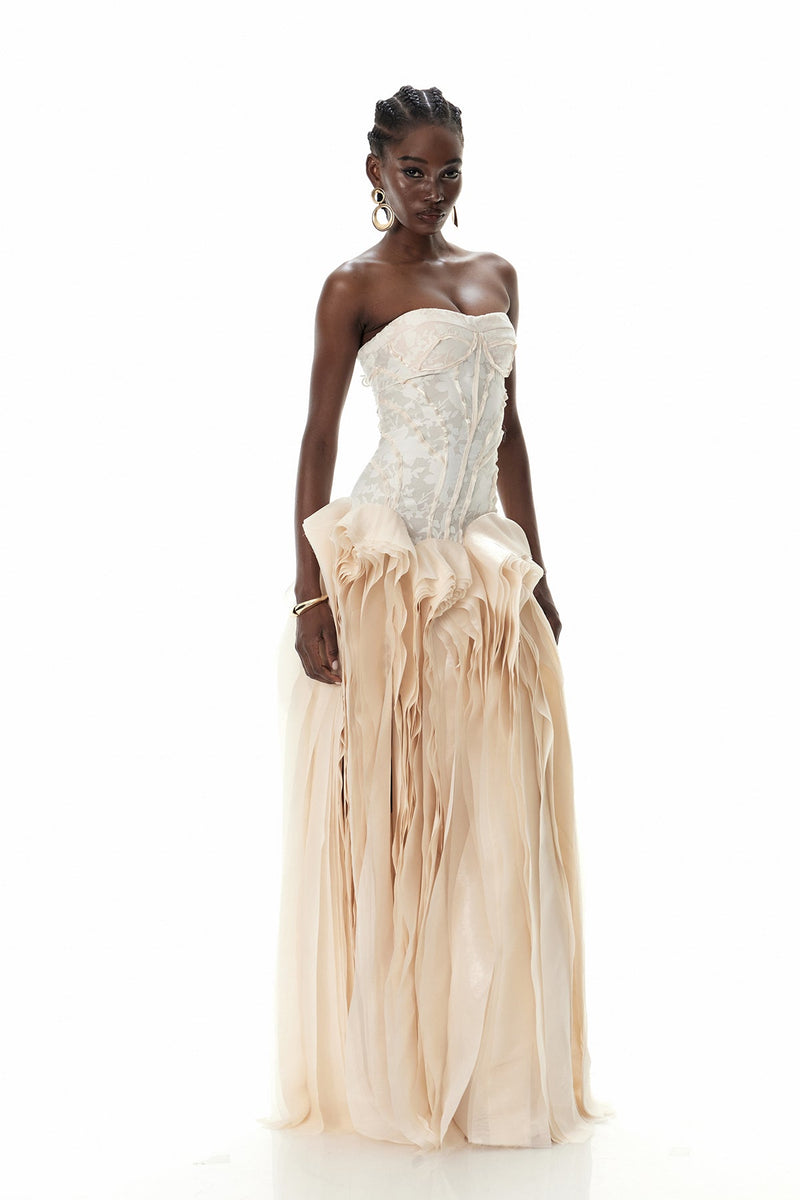 Blerta Strapless Corset Mesh Maxi Dress