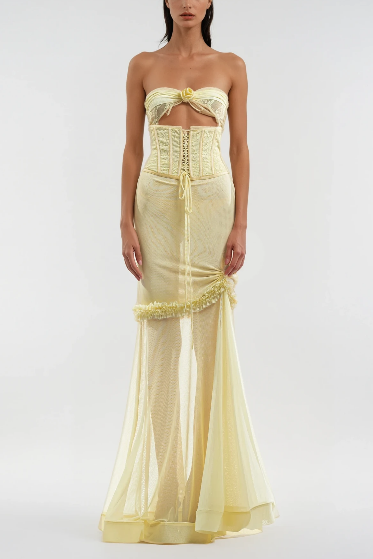 Blodeuedd Cutout Mesh Corset Maxi Dress