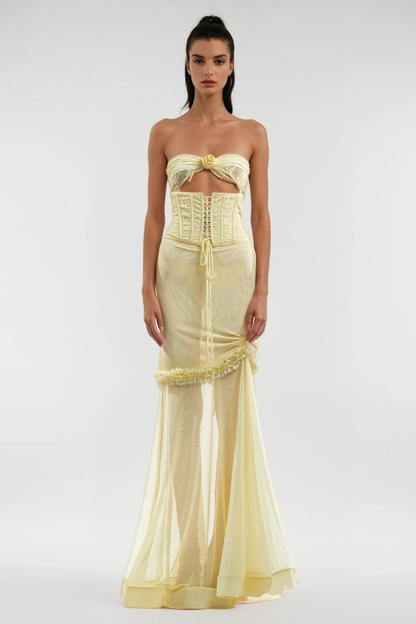 Blodeuedd Cutout Mesh Corset Maxi Dress