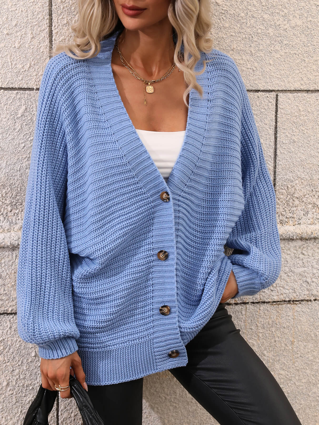 Button Up Oversized Knit Cardigan - Blue