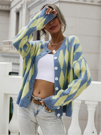 Doll | Felise Chess Patterned Knit Cardigan - Blue