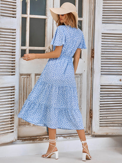 Charlie Short Sleeve Spot Midi Dress - Blue
