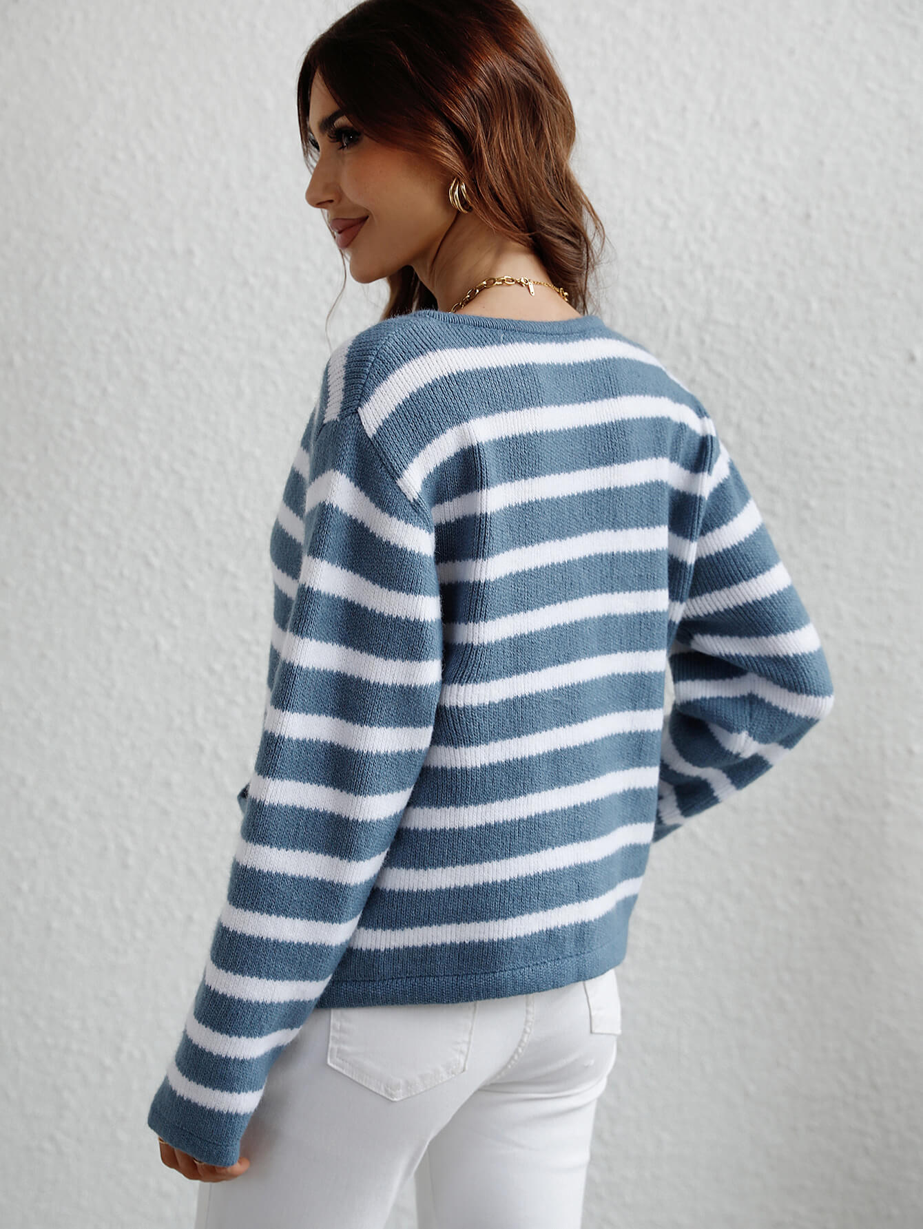 Stripe Pocket Button Up Knit Cardigan - Blue
