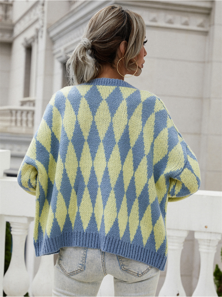 Doll | Felise Chess Patterned Knit Cardigan - Blue
