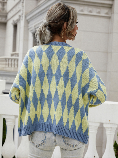 Doll | Felise Chess Patterned Knit Cardigan - Blue