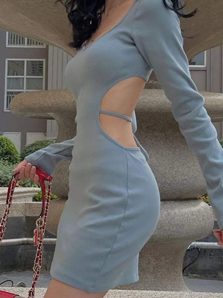 Blue Lace Up Backless V Neck Long Midi Dresses