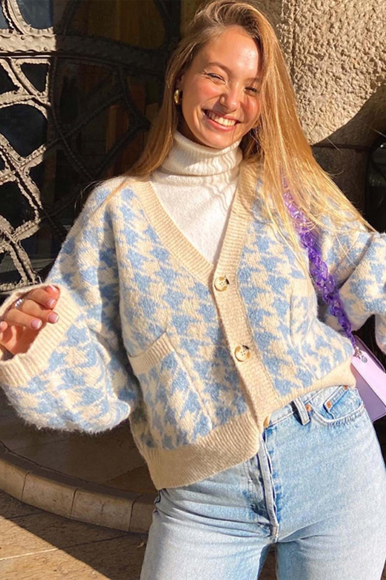 Blue V Neck Pied De Poule Cardigan