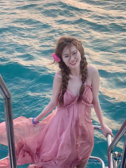 Blush Pink Halter Backless Maxi Dress _ Dreamy Vacation & Beach Photoshoot Look