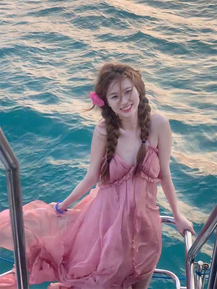 Blush Pink Halter Backless Maxi Dress _ Dreamy Vacation & Beach Photoshoot Look