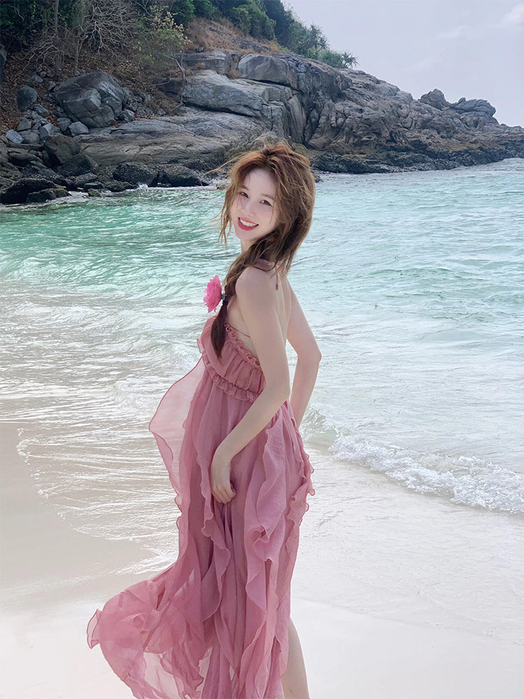 Blush Pink Halter Backless Maxi Dress _ Dreamy Vacation & Beach Photoshoot Look