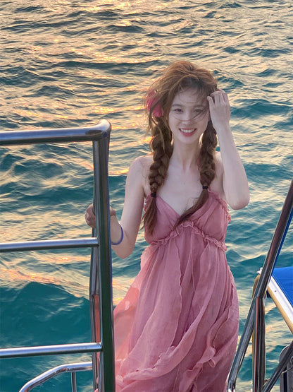 Blush Pink Halter Backless Maxi Dress _ Dreamy Vacation & Beach Photoshoot Look