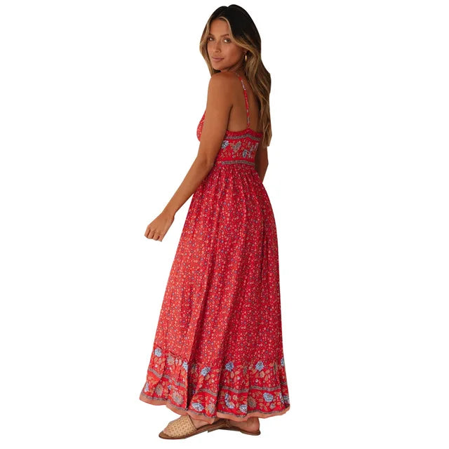 Spaghetti Strap Dresses V-neck Backless Beach Vacation Long Dress Female Vestidos Summer New