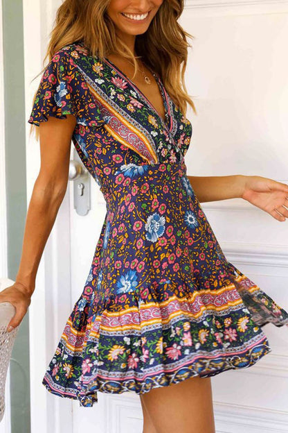 V Neck Tie-waist Slit Mini Dress