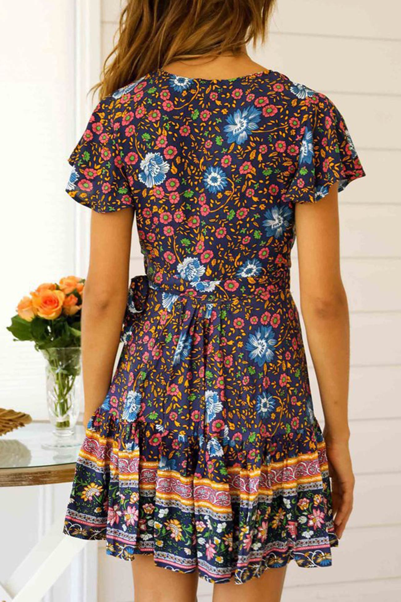 V Neck Tie-waist Slit Mini Dress