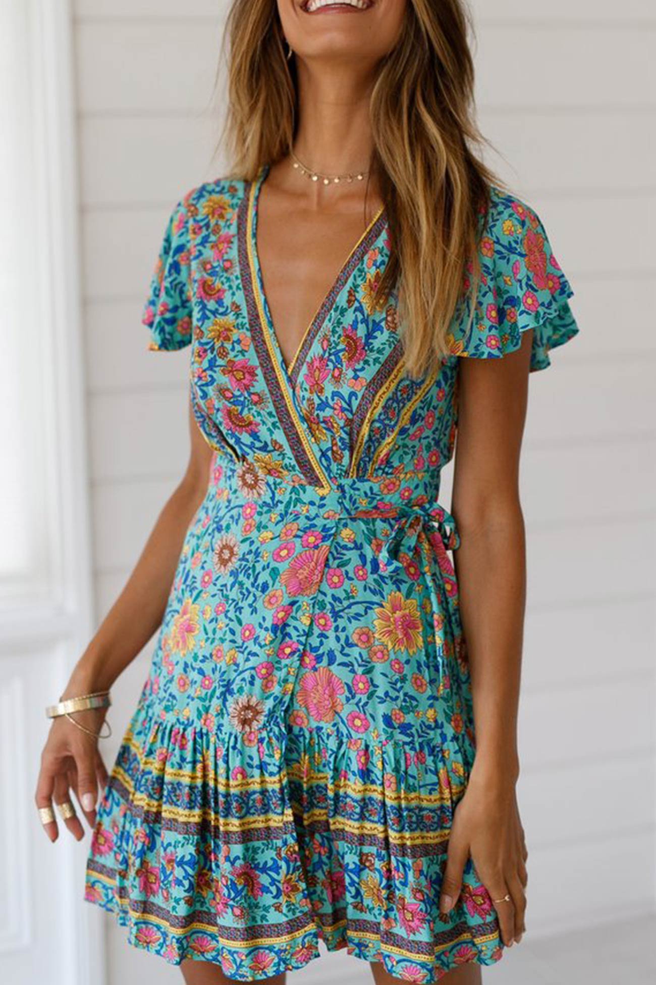 V Neck Tie-waist Slit Mini Dress