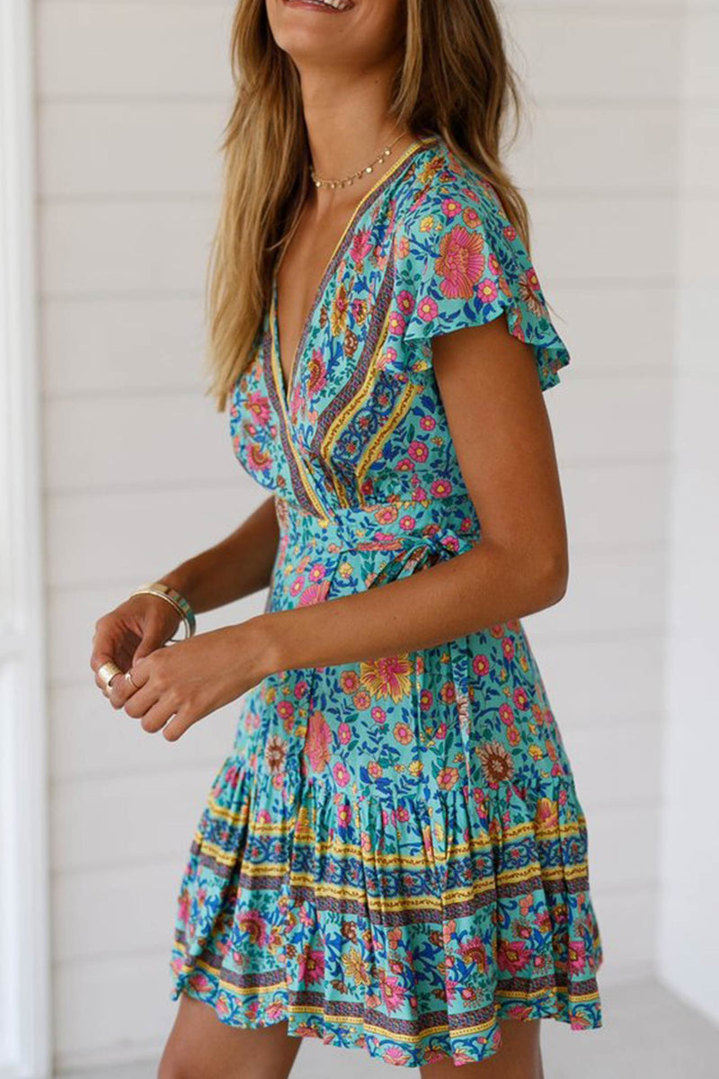 V Neck Tie-waist Slit Mini Dress