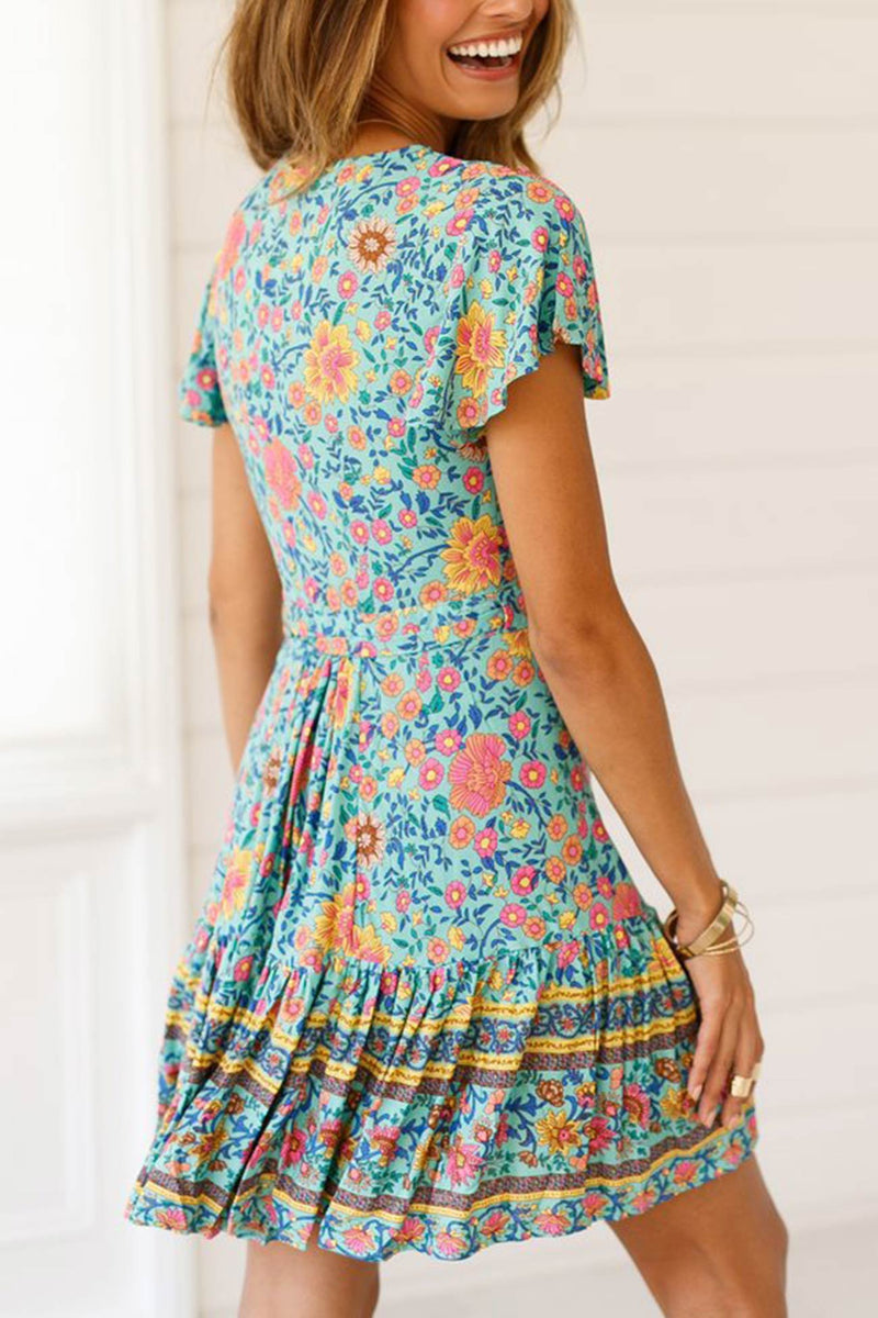 V Neck Tie-waist Slit Mini Dress