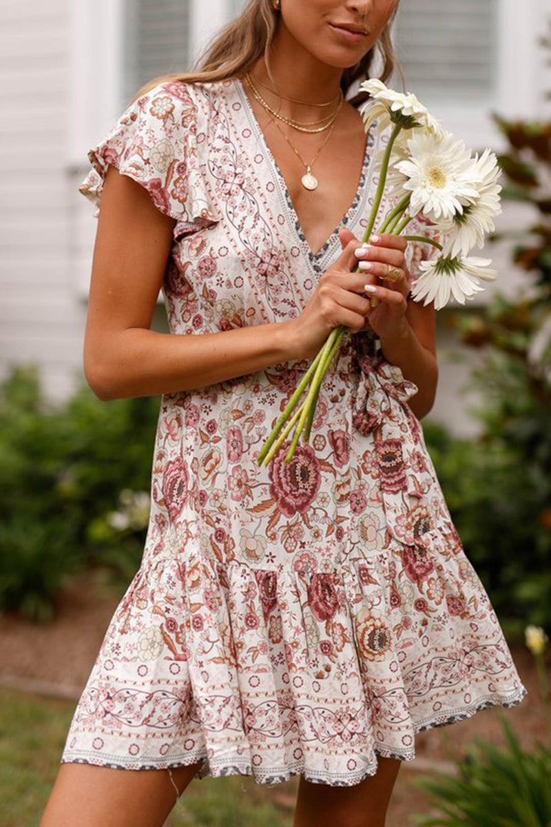 V Neck Tie-waist Slit Mini Dress