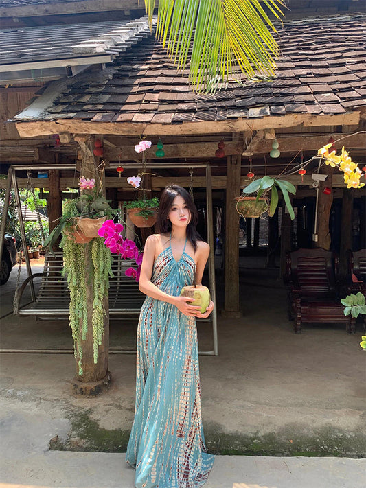 Halter Maxi Dress _ Open-back Beach Goddess Look