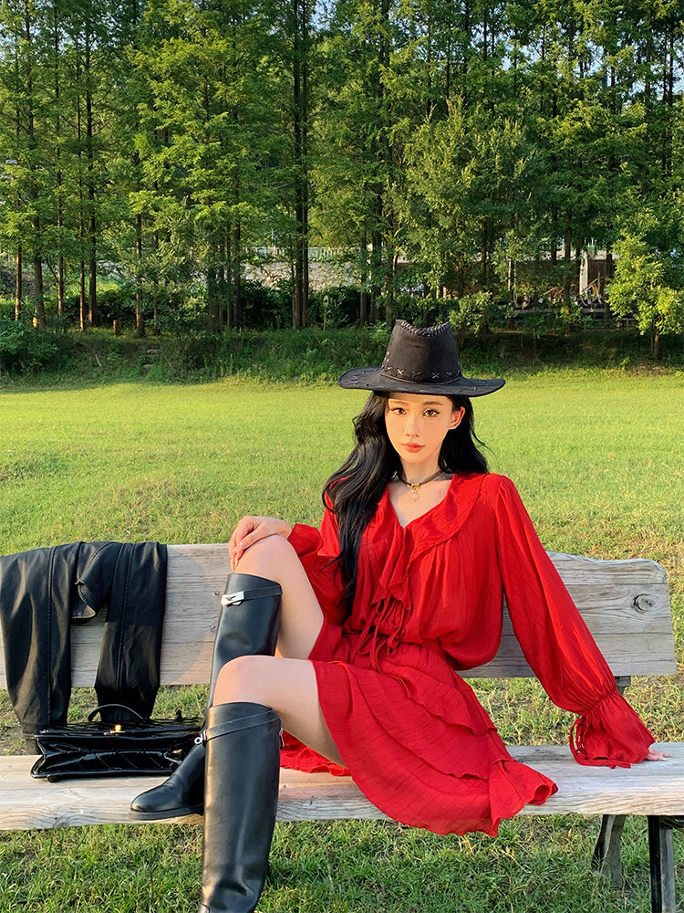 Red Ruffle Sleeve Two-piece Set _ Western Desert Adventure Outfit