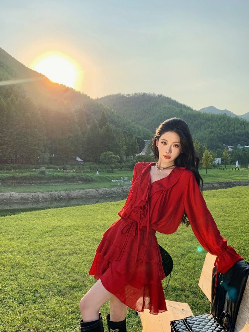 Red Ruffle Sleeve Two-piece Set _ Western Desert Adventure Outfit