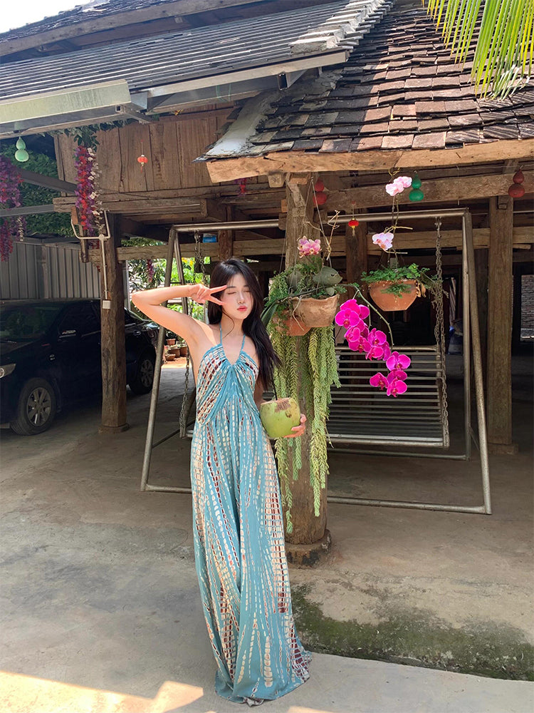 Halter Maxi Dress _ Open-back Beach Goddess Look